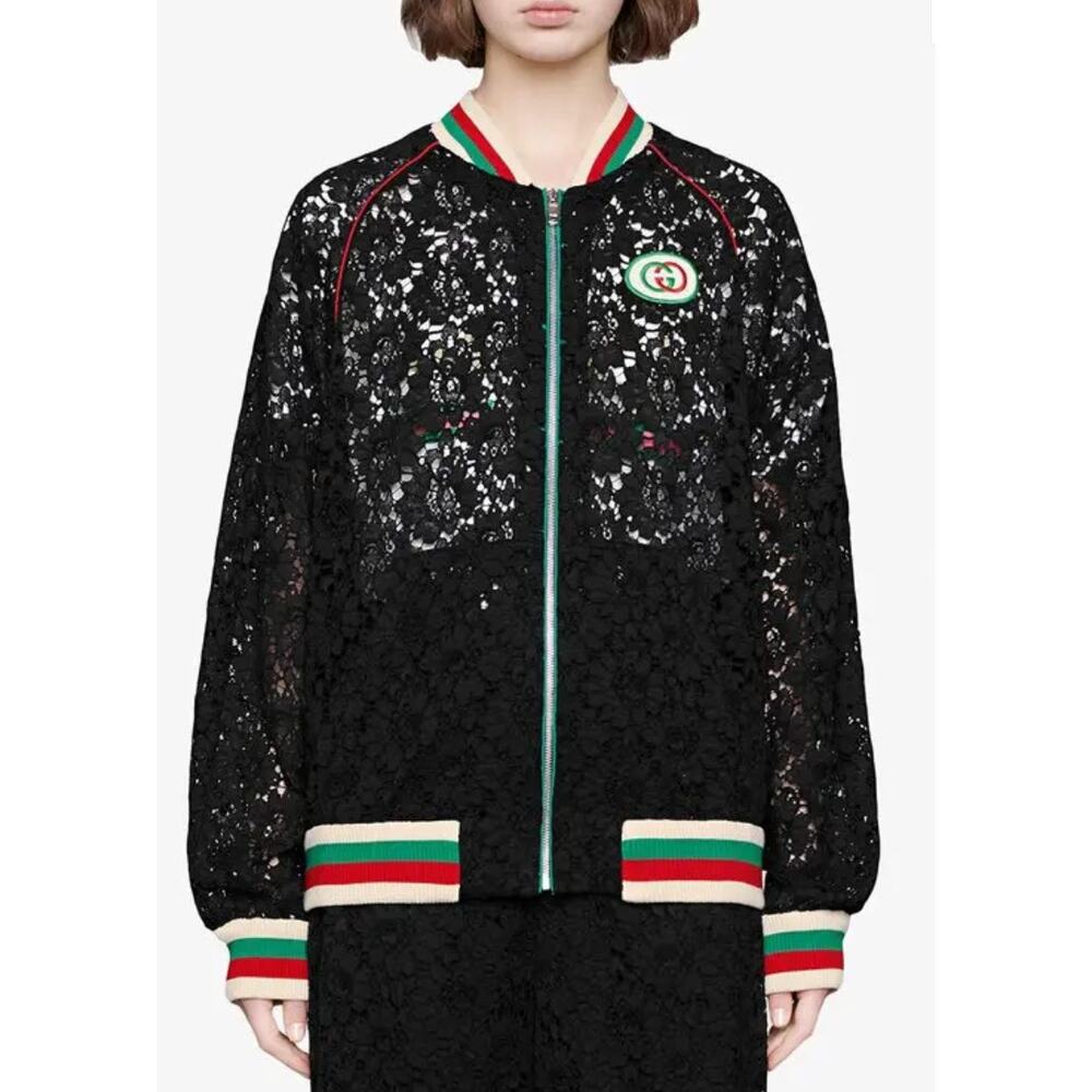 Gucci Black Floral Lace Bomber Jacket Silk Trim Size 42 IT / 6 US
